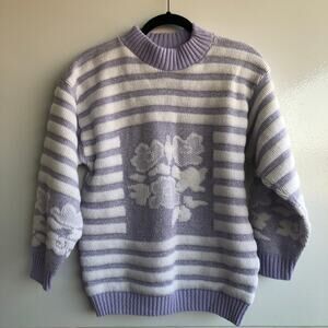 vtg Pastel Purple Striped Sparkle Floral Sweater